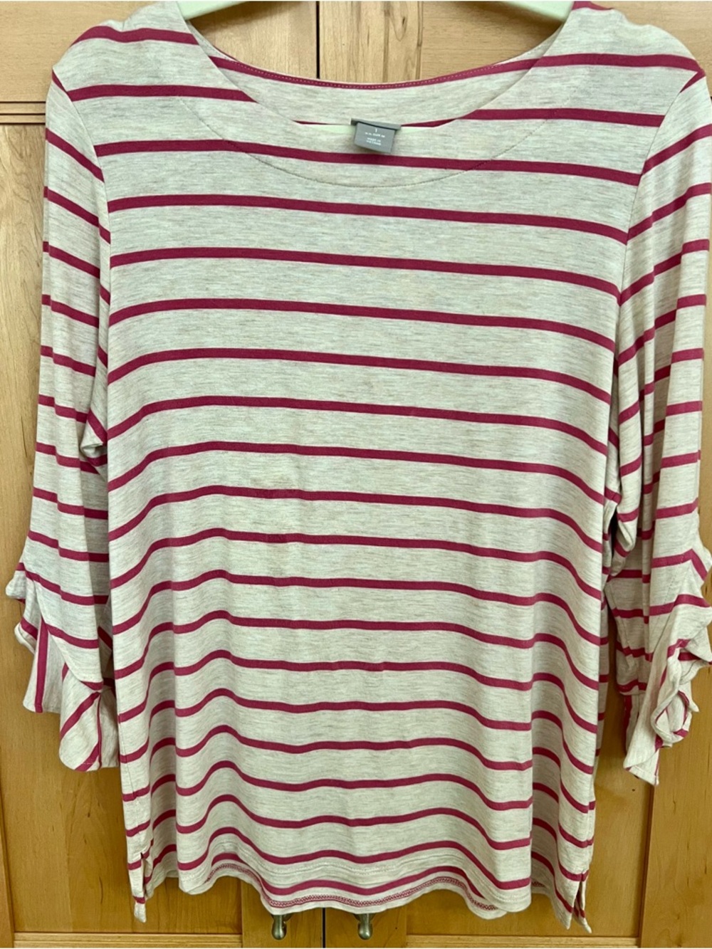 Striped Boatneck 3/4-Sleeve Tee in Cream and Raspberry